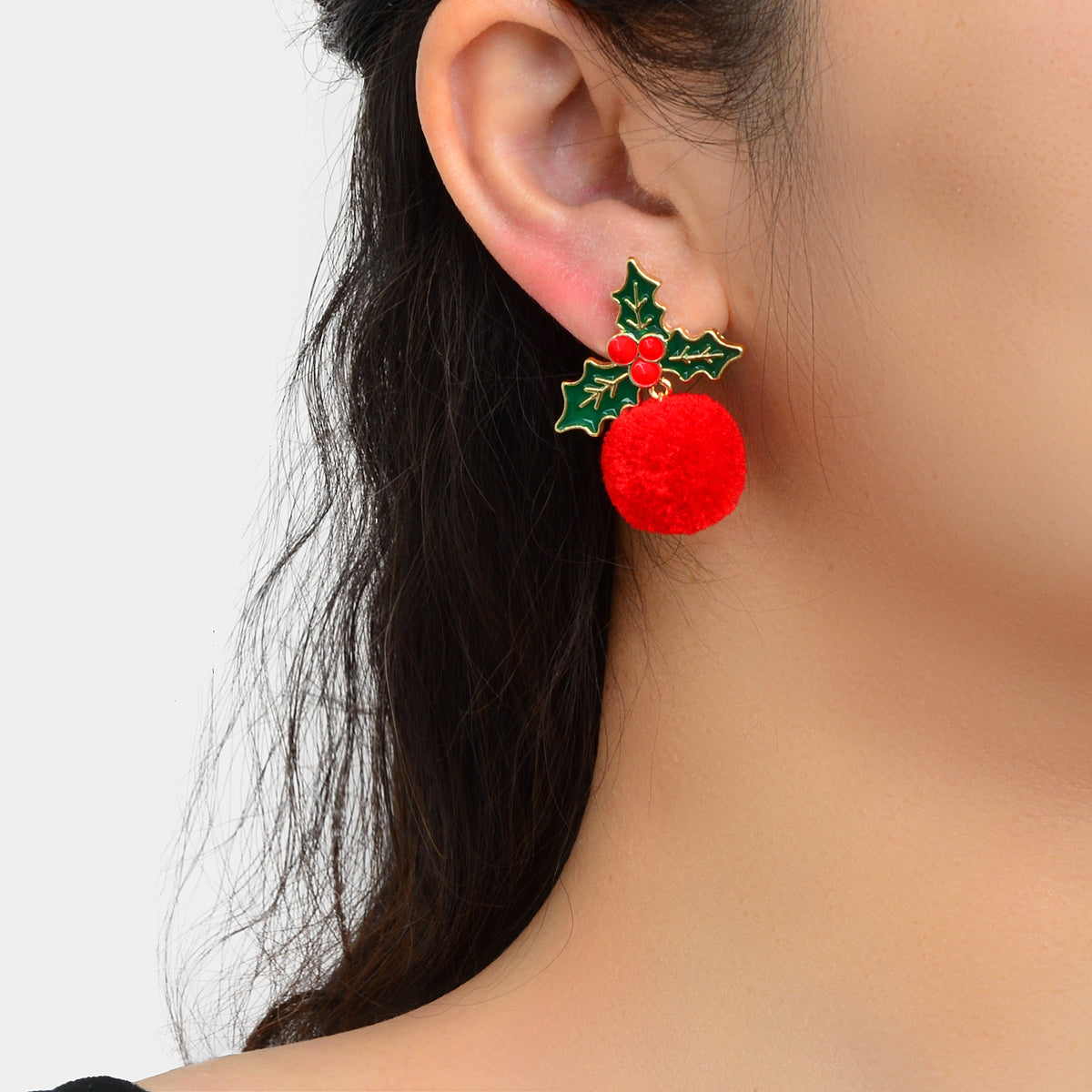 Christmas Jewellery Green Leaf Red Ball Faux Fur Pom Pom Festival Stud Earrings-0