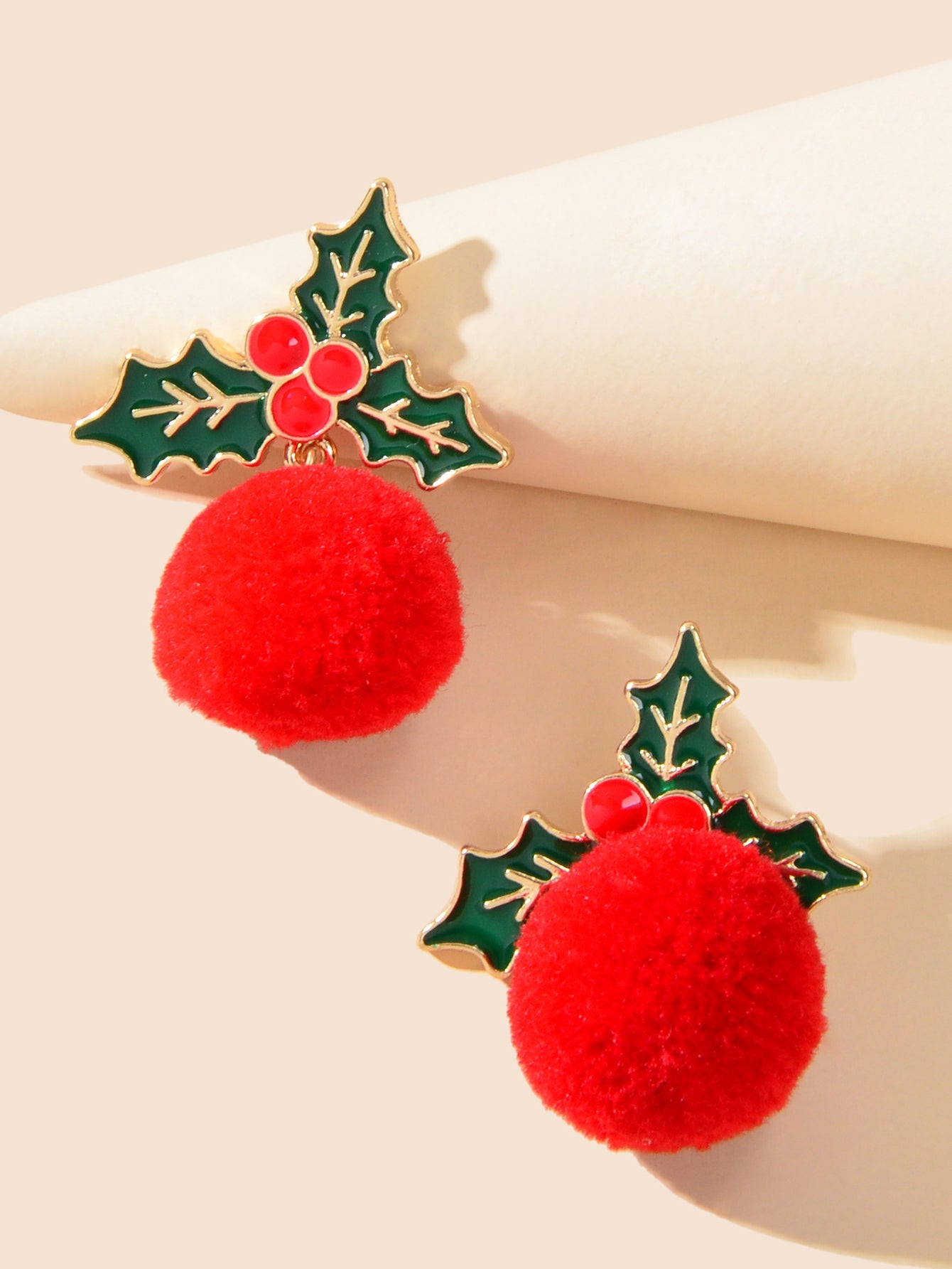 Christmas Jewellery Green Leaf Red Ball Faux Fur Pom Pom Festival Stud Earrings-1