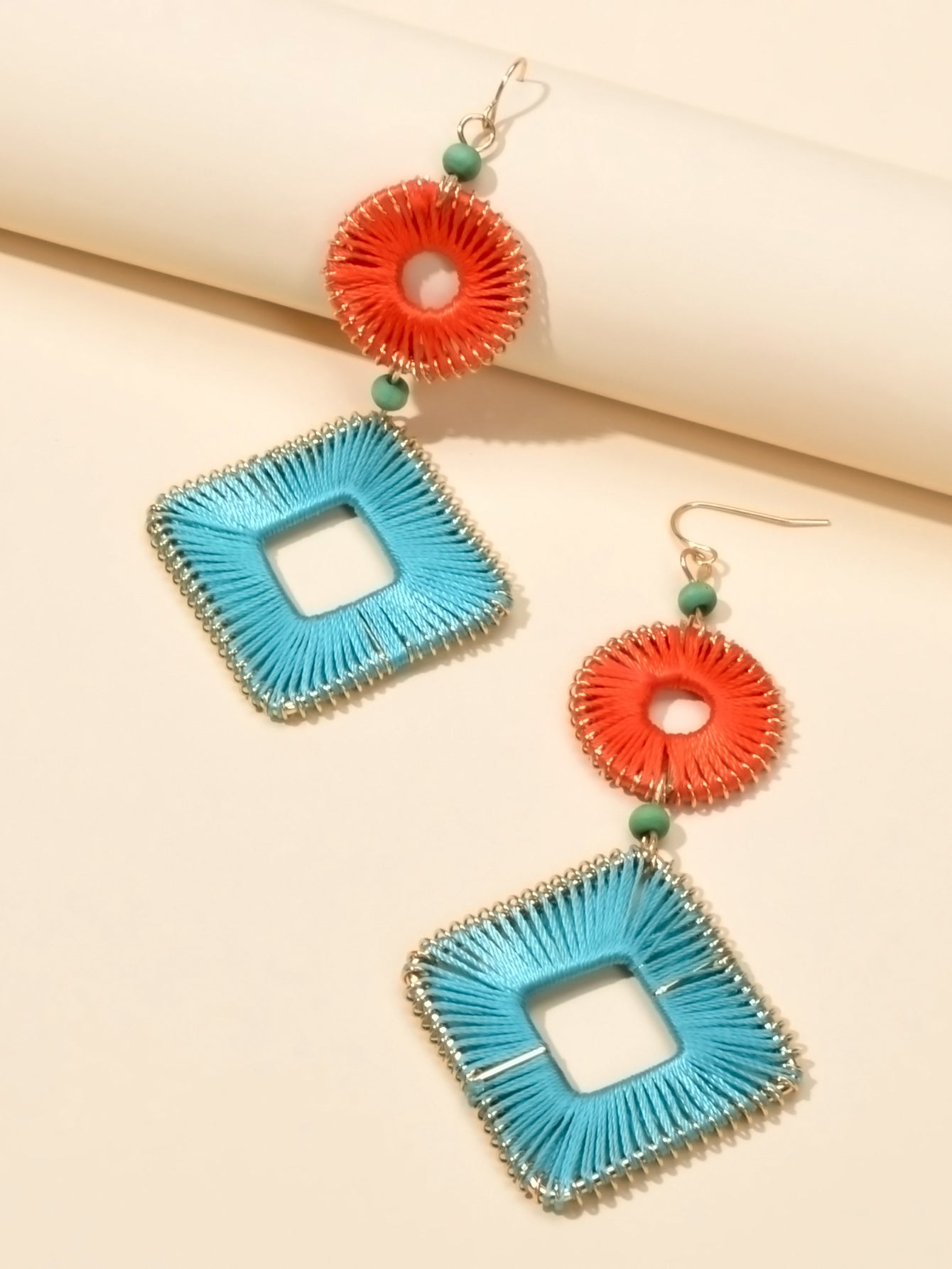 Boho Tribal Ethnic Red Blue Handmade Rope Braided Geometric Traditional Earrings-1