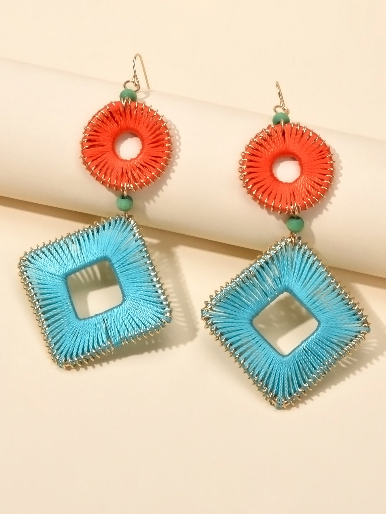 Boho Tribal Ethnic Red Blue Handmade Rope Braided Geometric Traditional Earrings-2