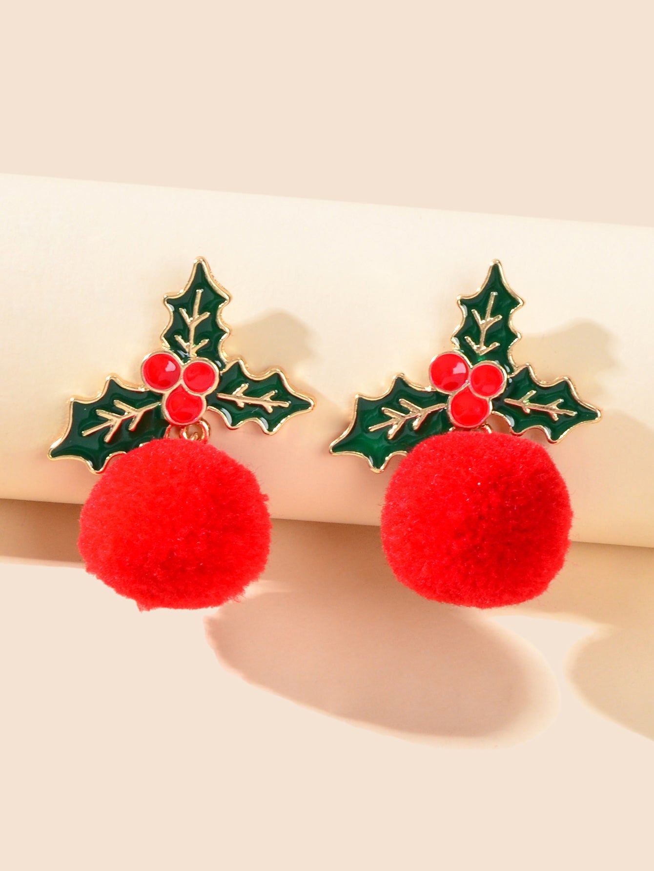 Christmas Jewellery Green Leaf Red Ball Faux Fur Pom Pom Festival Stud Earrings-2