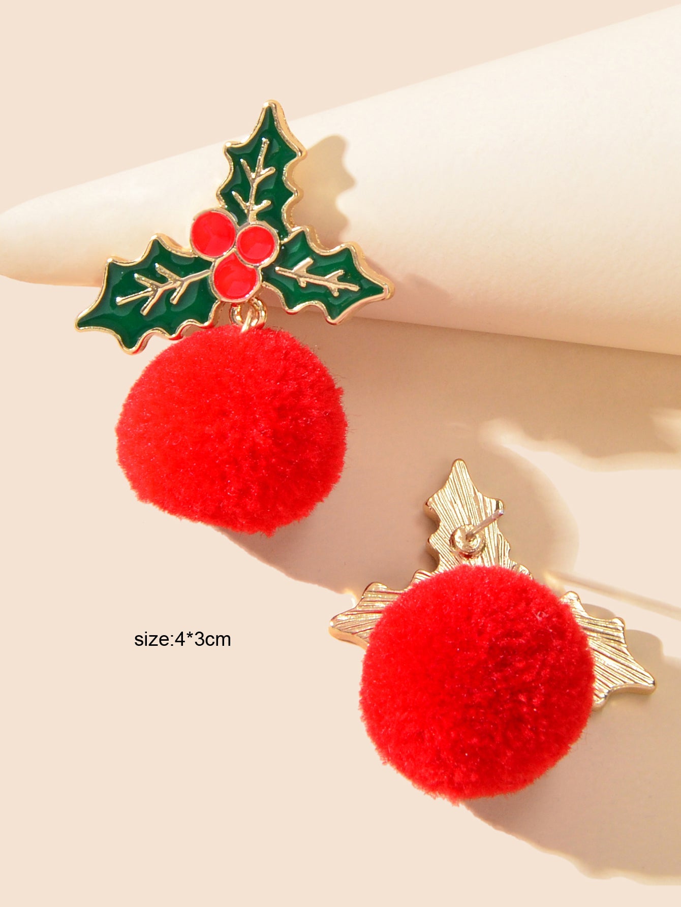 Christmas Jewellery Green Leaf Red Ball Faux Fur Pom Pom Festival Stud Earrings-3