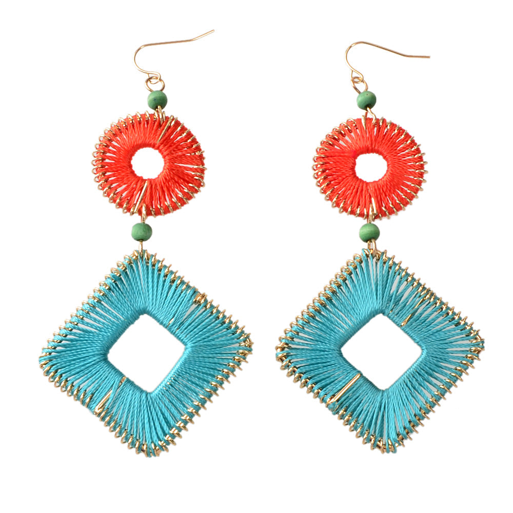 Boho Tribal Ethnic Red Blue Handmade Rope Braided Geometric Traditional Earrings-3