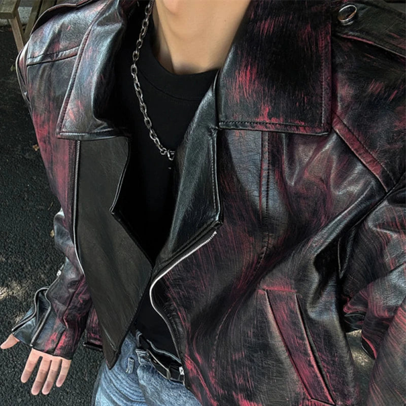 Red Brushed Short PU Leather Jacket