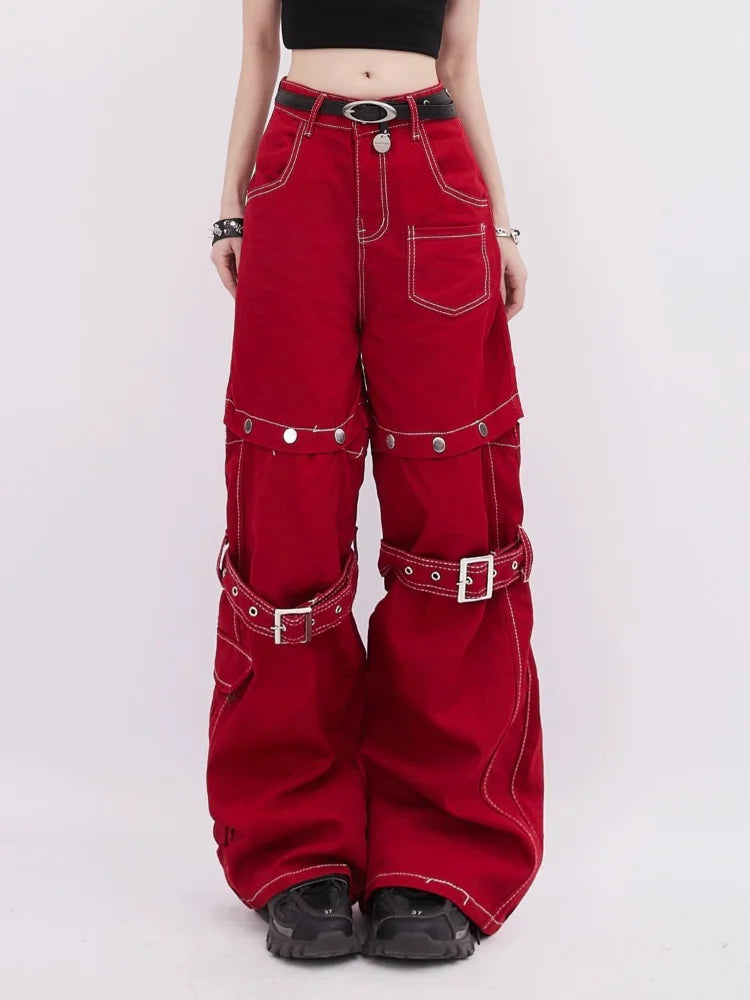 ADAgirl Red Baggy Cargo Pants for Women Y2k Hip Hop Vintage Goth Hippie Removable Wide Leg Denim Pants Streetwear Casual Bottoms