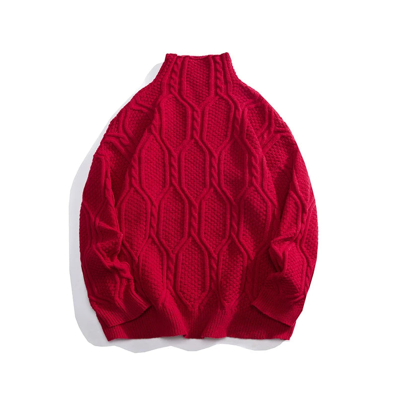 Loose Fit Red Turtleneck - Woven Pattern