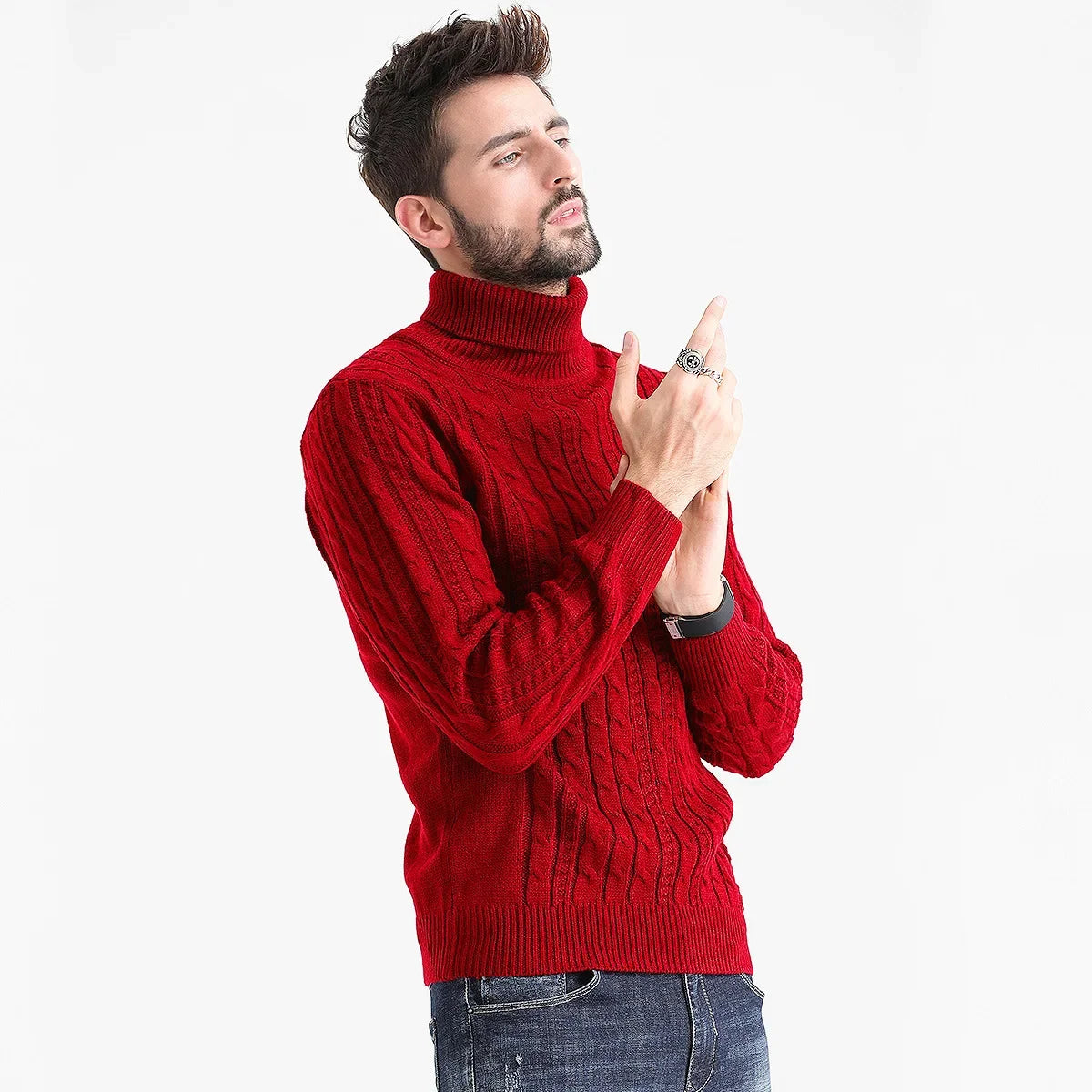 Mens Long Sleeve Cable Knit Turtleneck