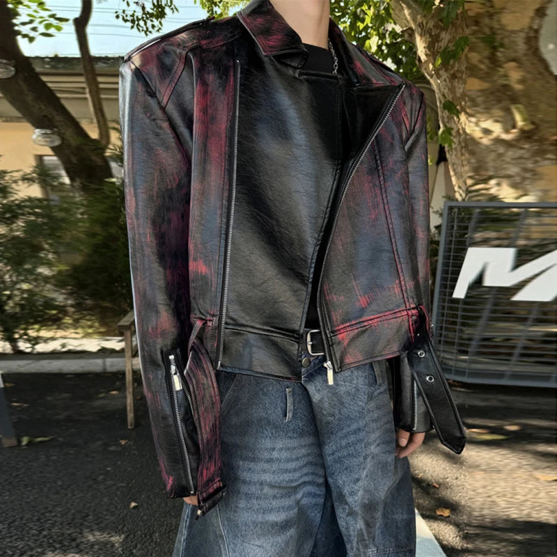 Red Brushed Short PU Leather Jacket