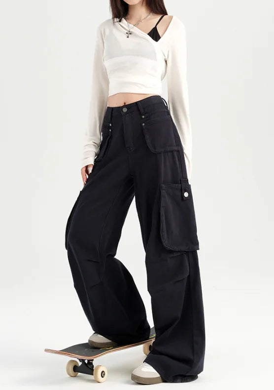 American Angora Red Stained Pants Street Style High Waist Multi Pocket Cargo Trousers Loose Wide Leg Cowboy Pants