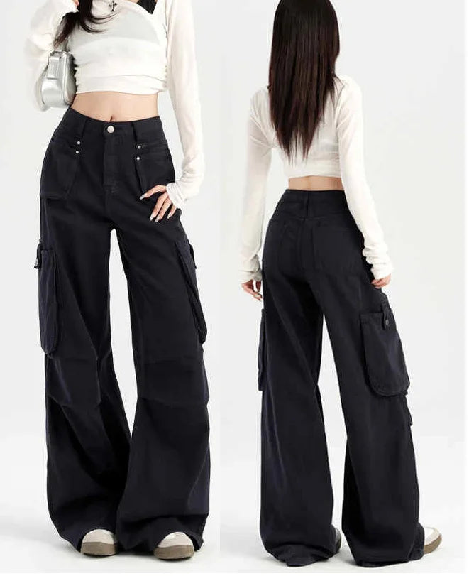 American Angora Red Stained Pants Street Style High Waist Multi Pocket Cargo Trousers Loose Wide Leg Cowboy Pants