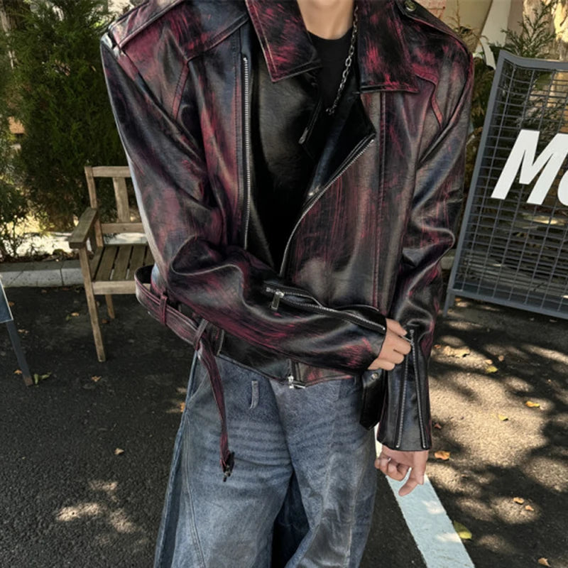 Red Brushed Short PU Leather Jacket