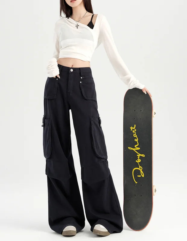 American Angora Red Stained Pants Street Style High Waist Multi Pocket Cargo Trousers Loose Wide Leg Cowboy Pants