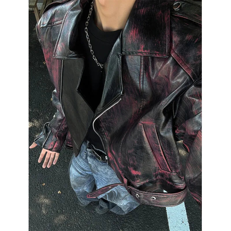 Red Brushed Short PU Leather Jacket