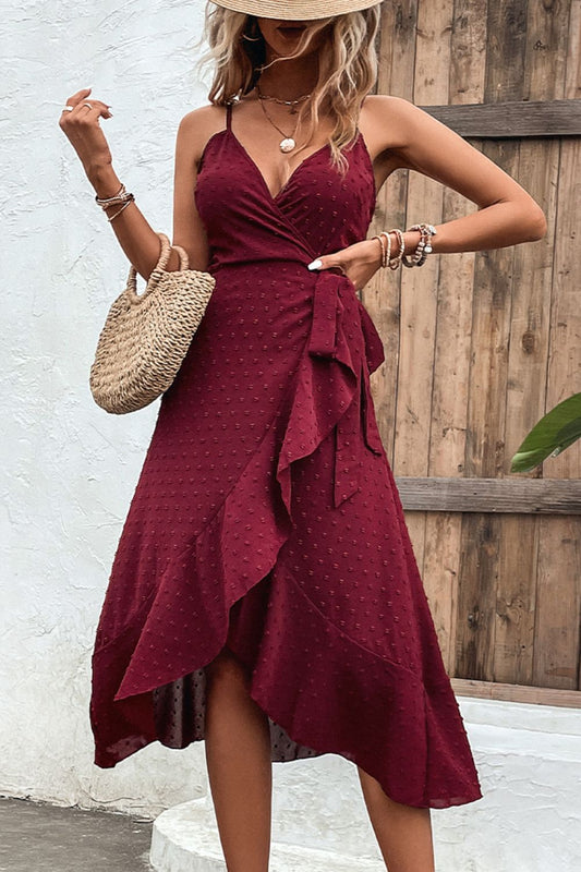 Ruffle Spaghetti Strap & Burgundy Dot Dress