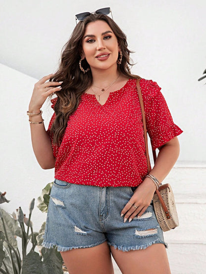 Plus Size Polka Dot Blouse with Flounce Sleeves