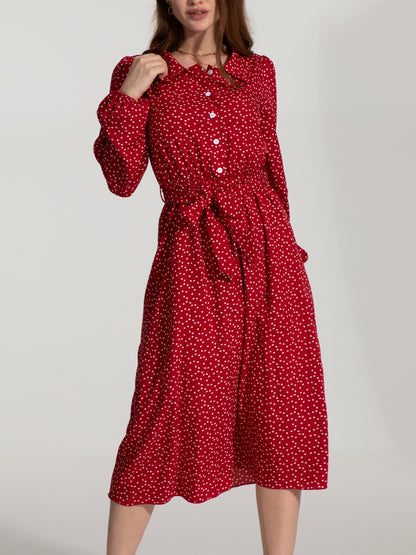 Red Balloon Sleeve Dress - Stylish Button-Up 