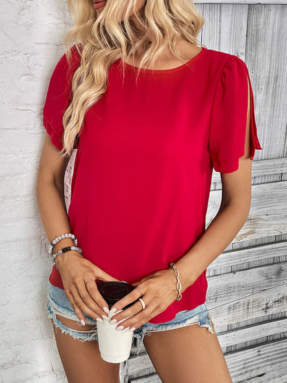 Red Short Sleeve Top- Stylish Round Neck for Women