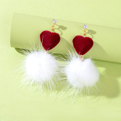 Sweet Red Heart White Fluffy Faux Fur Pom Pom Ball Dangle Earrings Jewellery-0