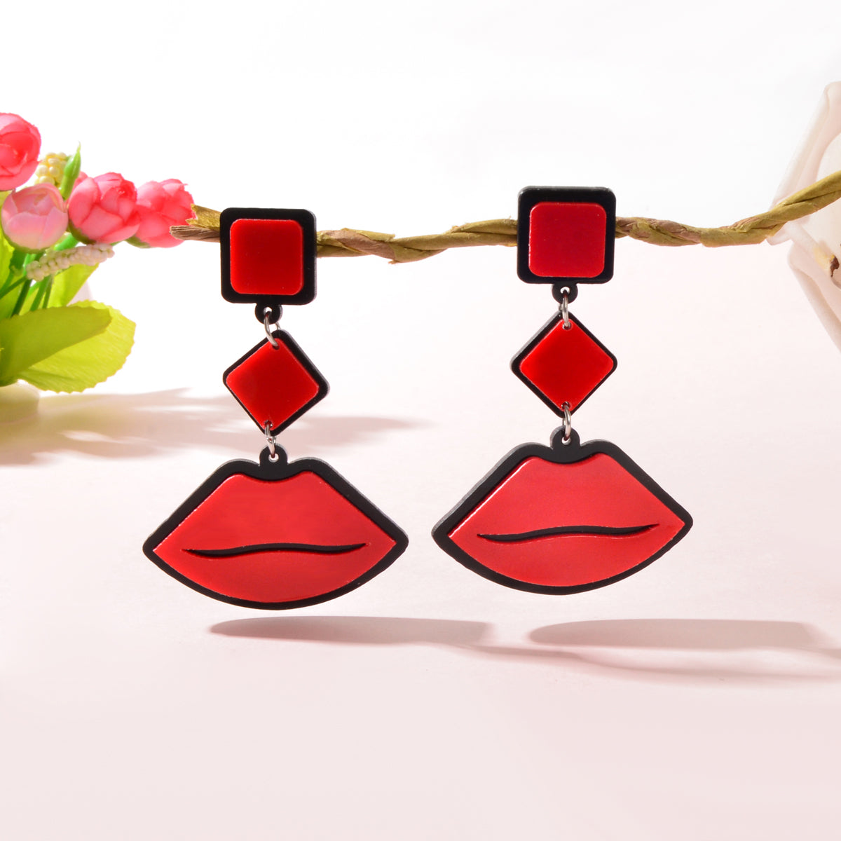 Playful Red Lips Pendant Long Stud Earrings Teenager's Expressive Fun Jewellery-0