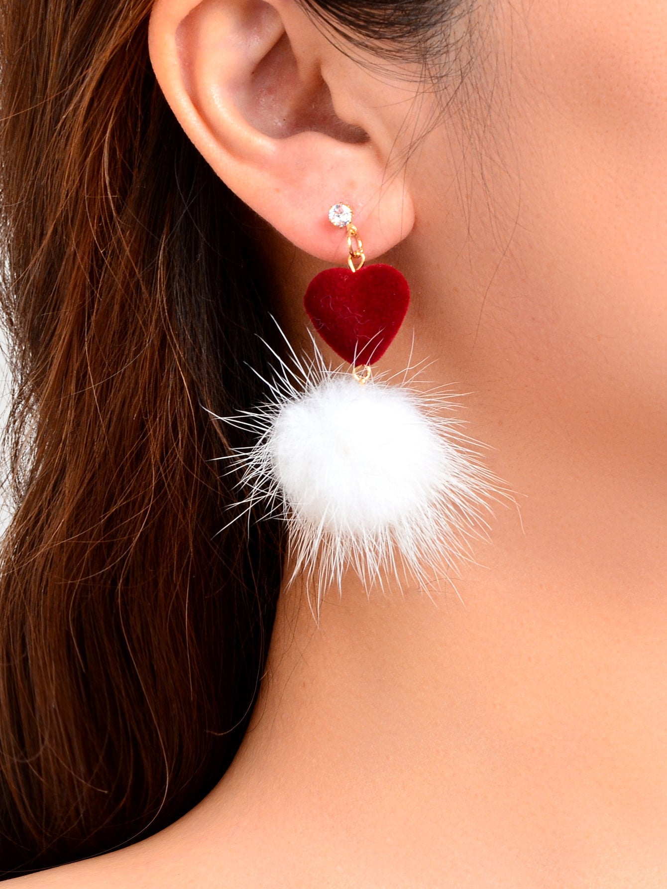 Sweet Red Heart White Fluffy Faux Fur Pom Pom Ball Dangle Earrings Jewellery-1