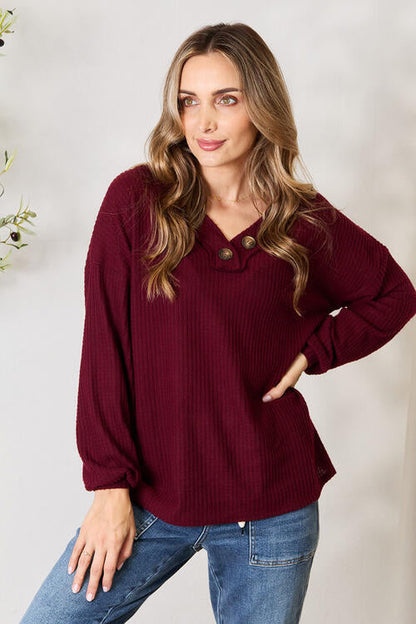 Zenana Buttoned V-Neck Long Sleeve Blouse-0