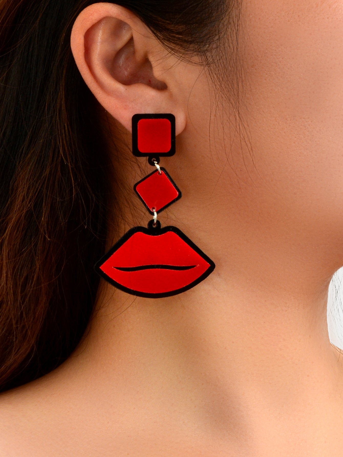 Playful Red Lips Pendant Long Stud Earrings Teenager's Expressive Fun Jewellery-1