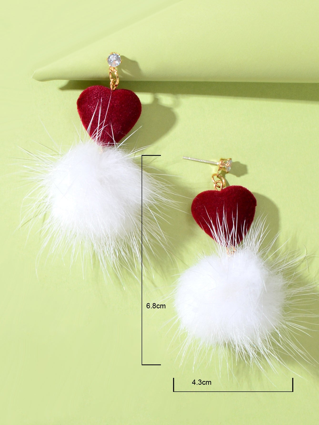 Sweet Red Heart White Fluffy Faux Fur Pom Pom Ball Dangle Earrings Jewellery-2