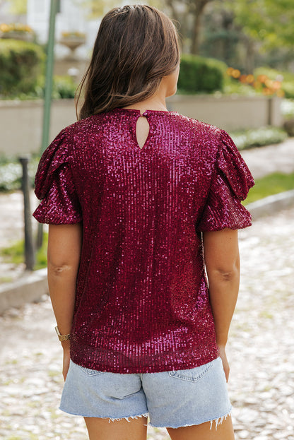 Lenora Glittering Sequin Short Bubble Sleeve Blouse