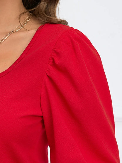 Red Square Neck Lantern Sleeve Blouse for Women