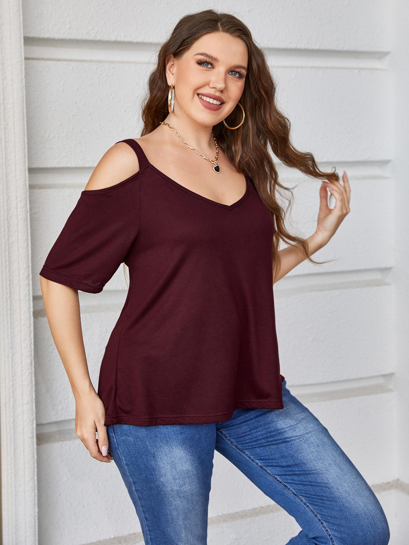 Plus Size Burgundy Blouse & Cold Shoulder for Women