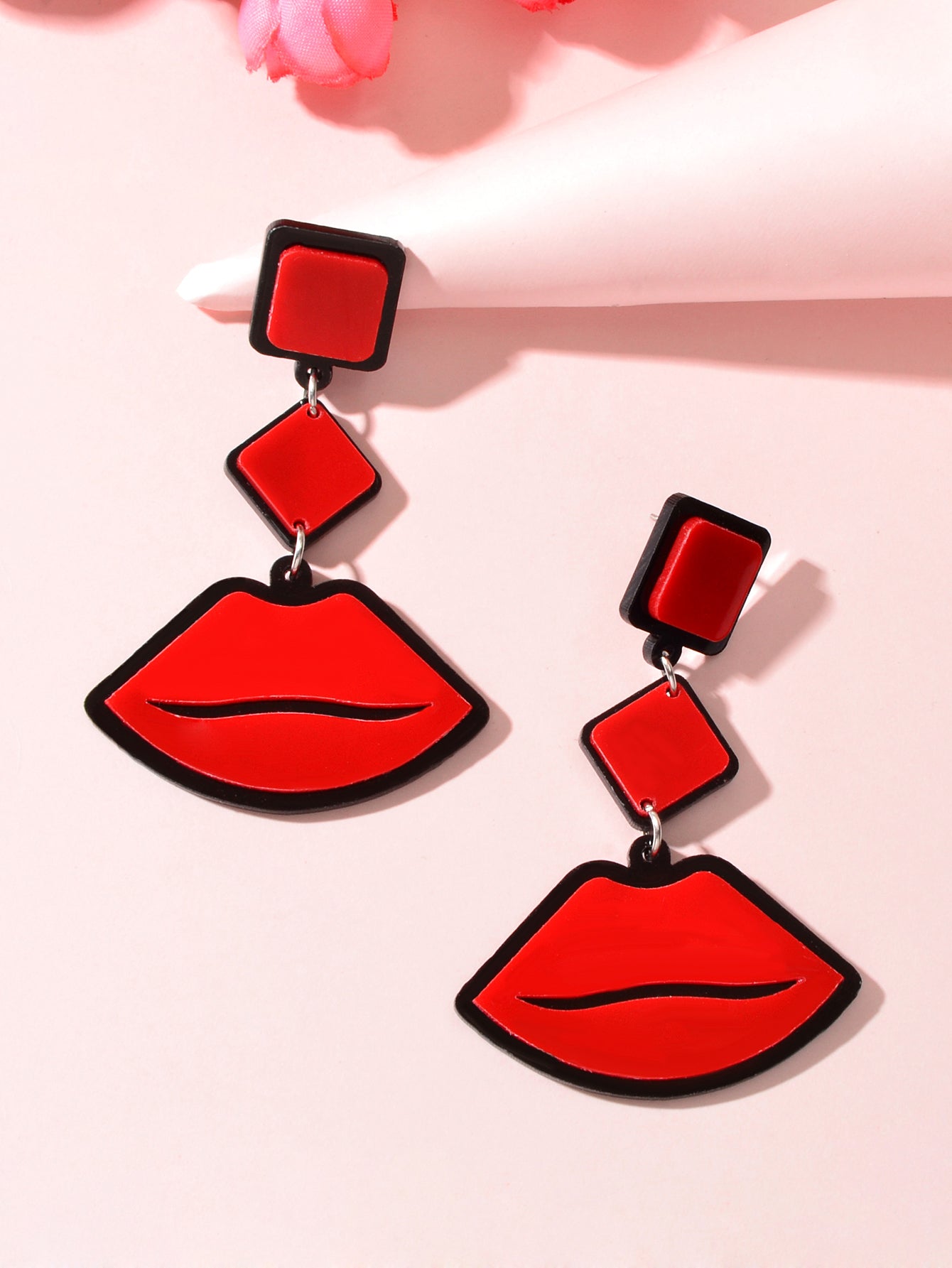 Playful Red Lips Pendant Long Stud Earrings Teenager's Expressive Fun Jewellery-2