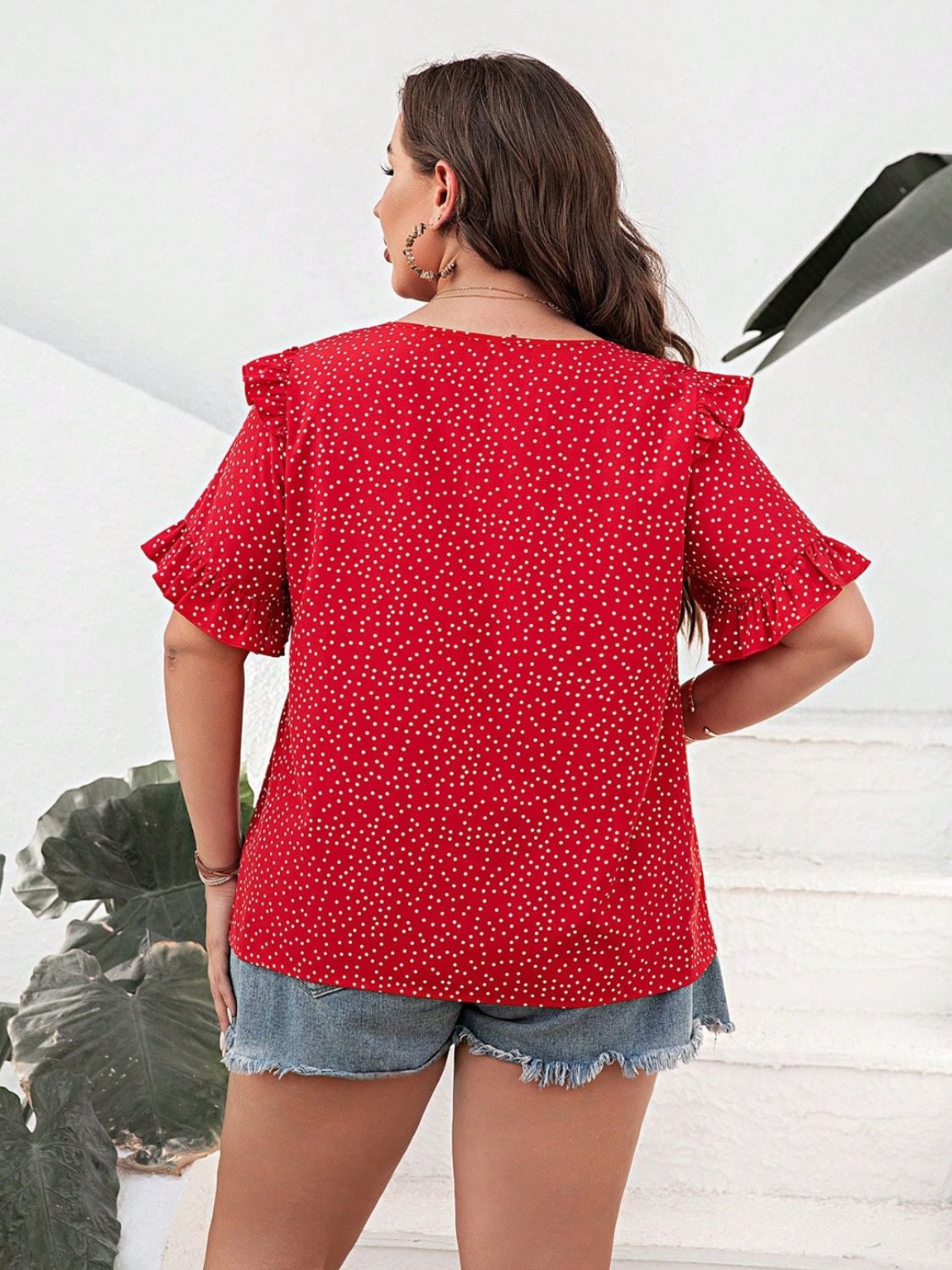 Plus Size Polka Dot Blouse with Flounce Sleeves