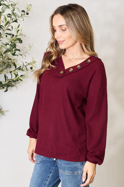 Zenana Buttoned V-Neck Long Sleeve Blouse-1