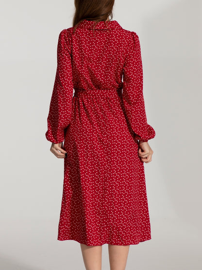 Red Balloon Sleeve Dress - Stylish Button-Up for Women