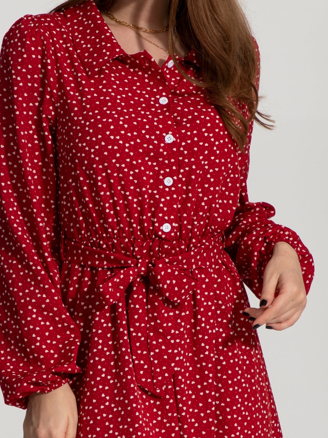 Red Balloon Sleeve Dress - Stylish Button-Up for Women