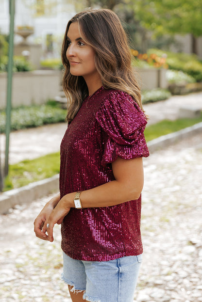 Lenora Glittering Sequin Short Bubble Sleeve Top