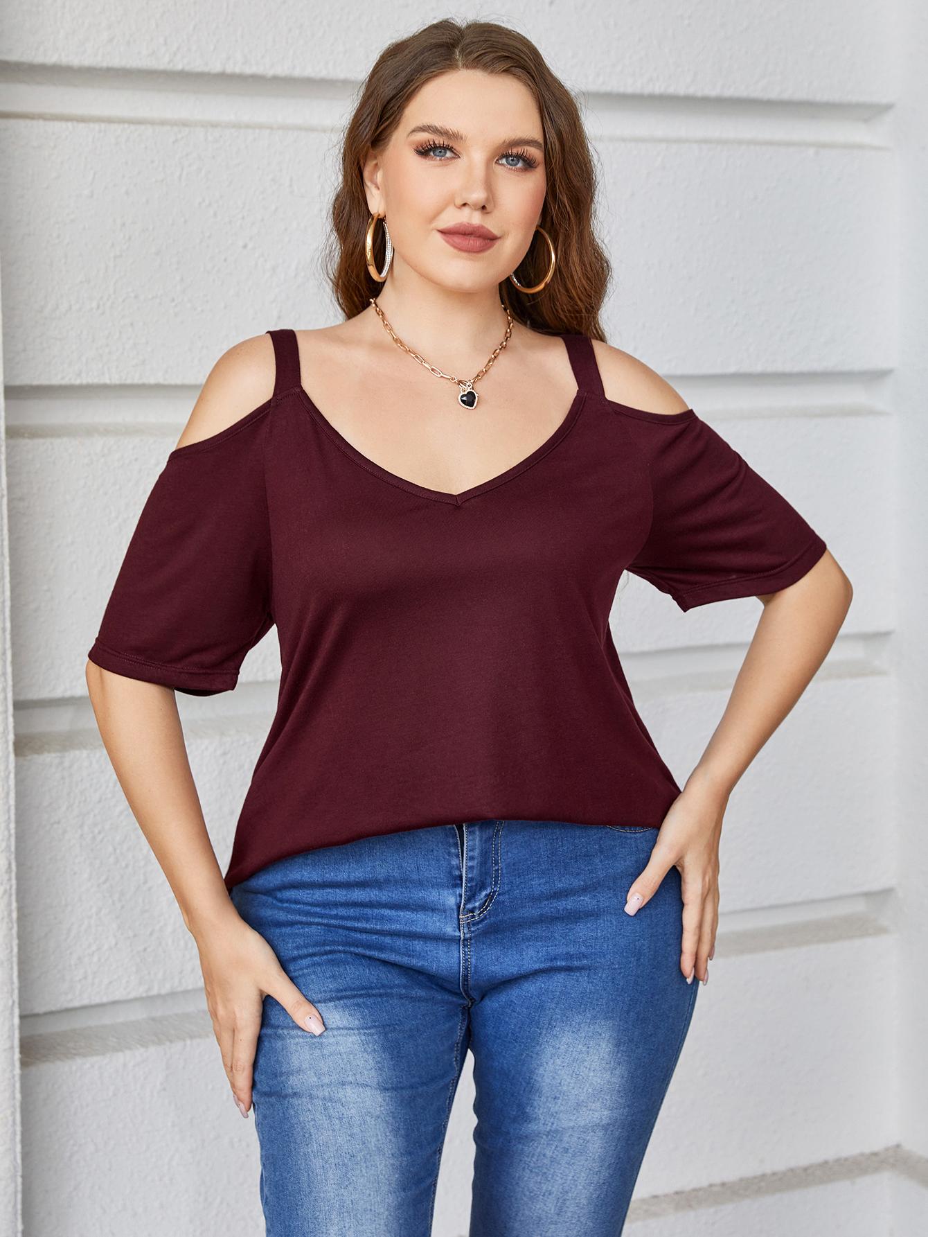 Plus Size Burgundy Blouse & Cold Shoulder for Women