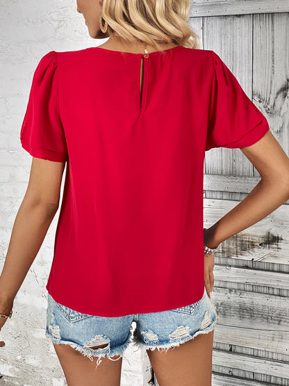 Red Short Sleeve Top- Stylish Round Neck for Women