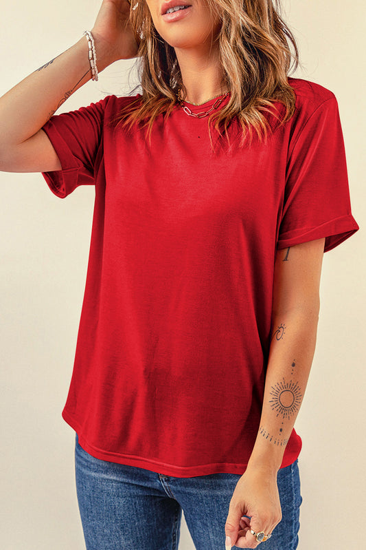 Dearlove Red Casual Plain Crew Neck Tee