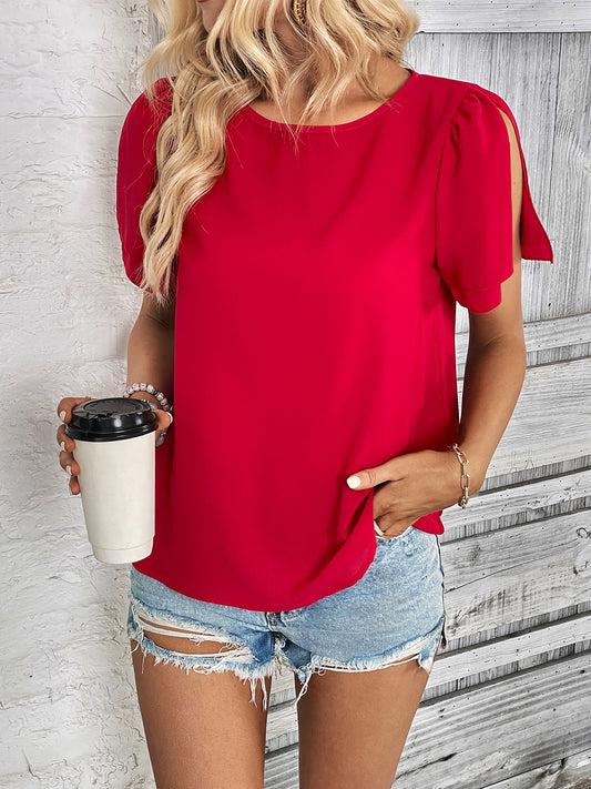 Red Short Sleeve Top- Stylish Round Neck for Women