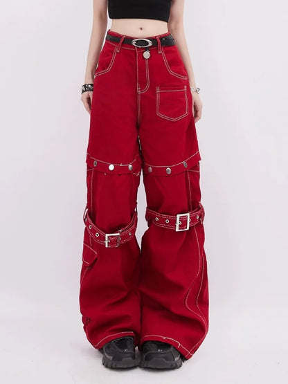 ADAgirl Red Baggy Cargo Pants for Women Y2k Hip Hop Vintage Goth Hippie Removable Wide Leg Denim Pants Streetwear Casual Bottoms