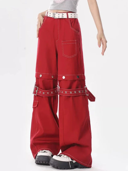 ADAgirl Red Baggy Cargo Pants for Women Y2k Hip Hop Vintage Goth Hippie Removable Wide Leg Denim Pants Streetwear Casual Bottoms