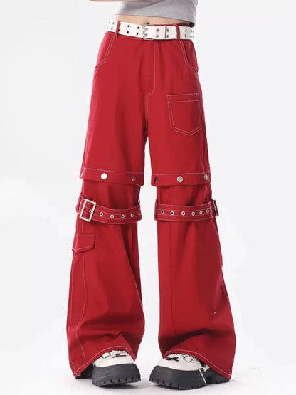 ADAgirl Red Baggy Cargo Pants for Women Y2k Hip Hop Vintage Goth Hippie Removable Wide Leg Denim Pants Streetwear Casual Bottoms