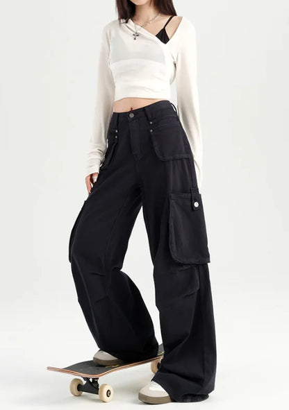 American Angora Red Stained Pants Street Style High Waist Multi Pocket Cargo Trousers Loose Wide Leg Cowboy Pants