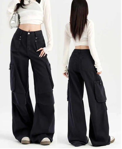 American Angora Red Stained Pants Street Style High Waist Multi Pocket Cargo Trousers Loose Wide Leg Cowboy Pants