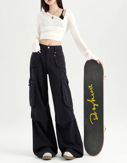 American Angora Red Stained Pants Street Style High Waist Multi Pocket Cargo Trousers Loose Wide Leg Cowboy Pants