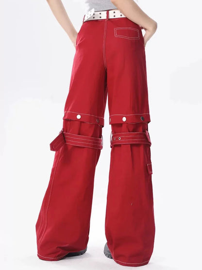 ADAgirl Red Baggy Cargo Pants for Women Y2k Hip Hop Vintage Goth Hippie Removable Wide Leg Denim Pants Streetwear Casual Bottoms