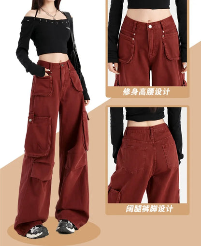 American Angora Red Stained Pants Street Style High Waist Multi Pocket Cargo Trousers Loose Wide Leg Cowboy Pants