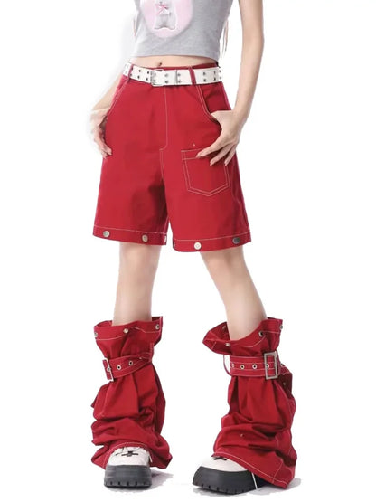ADAgirl Red Baggy Cargo Pants for Women Y2k Hip Hop Vintage Goth Hippie Removable Wide Leg Denim Pants Streetwear Casual Bottoms