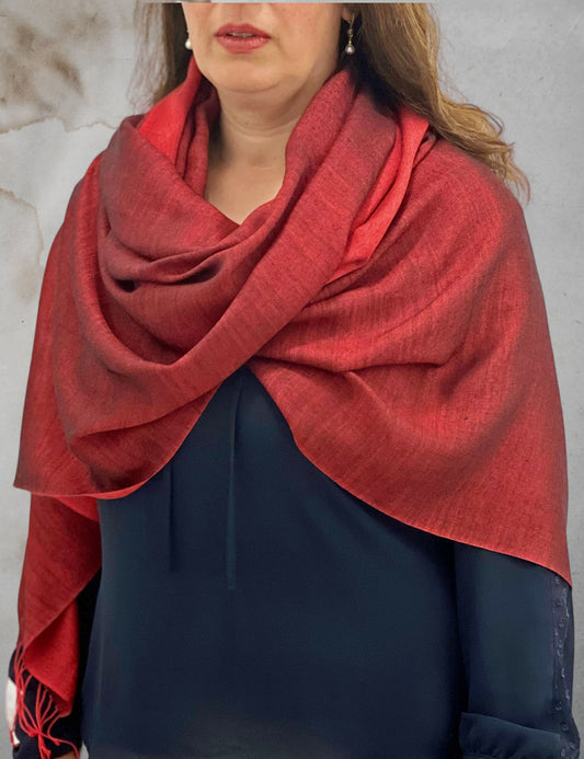 Red & Black Two Tone Wool And Silk Blend Scarf-0